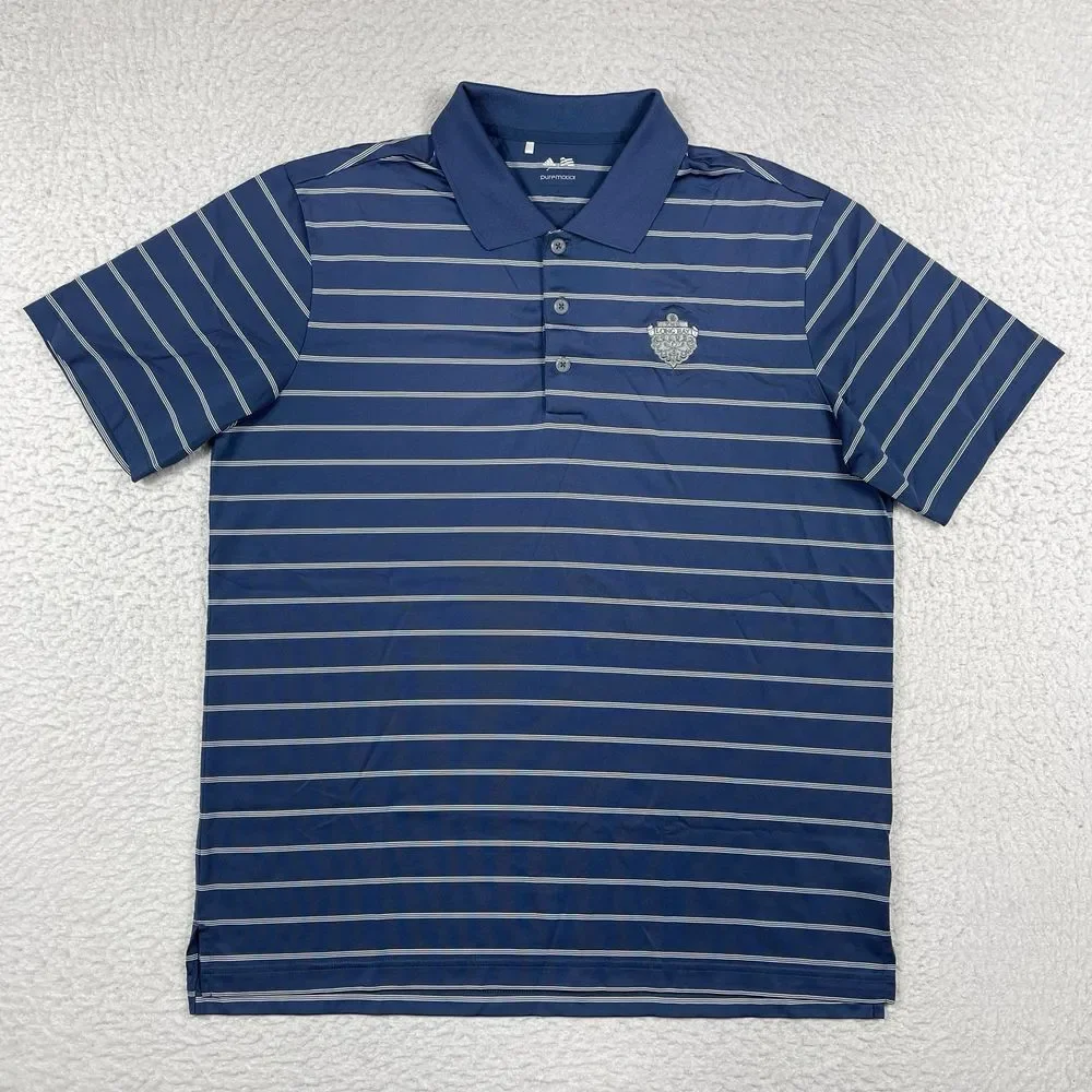 Adidas Polo Shirt Mens Large Navy Blue Striped Puremotion Long Bay Club Golf Top